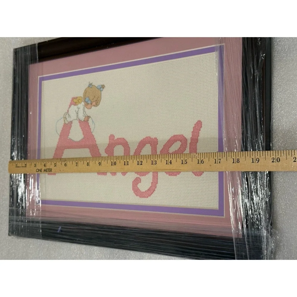 Needlepoint Angel Wall Art Framed Plaque Hanging Handmade Cross-stitch Pink